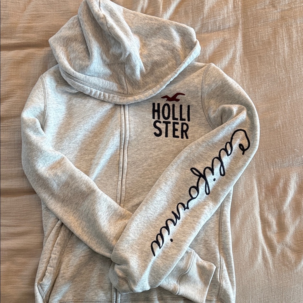 Hollister Y2K  Light Gray Hoodie with California Script Sleeve